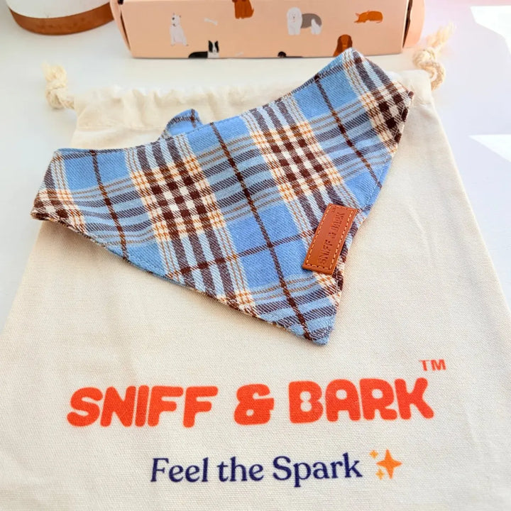Blue Teddy Plaid Flairtie Bandana – 100% Cotton – Sniff & Bark dog accessory