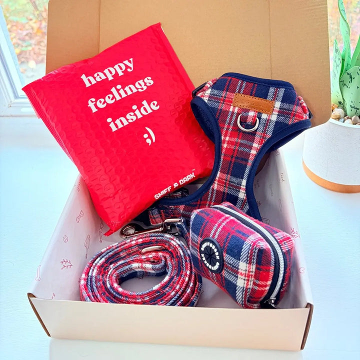 Crimson Navy Plaid AllSet Harness Matching Bundle (D Ring) – Sniff & Bark dog accessory