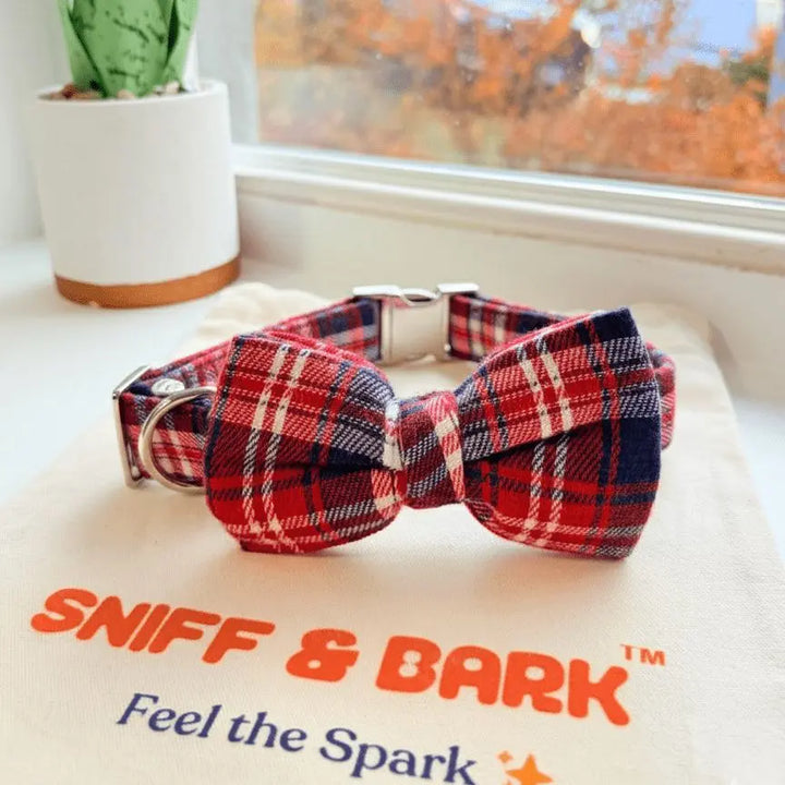 Crimson Navy Plaid Signature Band™ + Slide-On Dappertie™ Bowtie Collar Sniff & Bark™