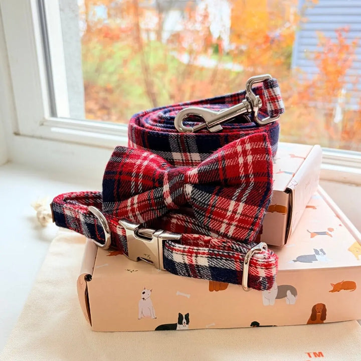Crimson Navy Plaid Signature Band™ + Slide-On Dappertie™ + Joyline™ Bowtie Collar & Leash Set Sniff & Bark™