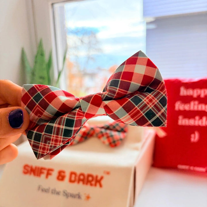 Garnet Plaid Dappertie – Sleek Slide-On Bowtie – Sniff & Bark dog accessory