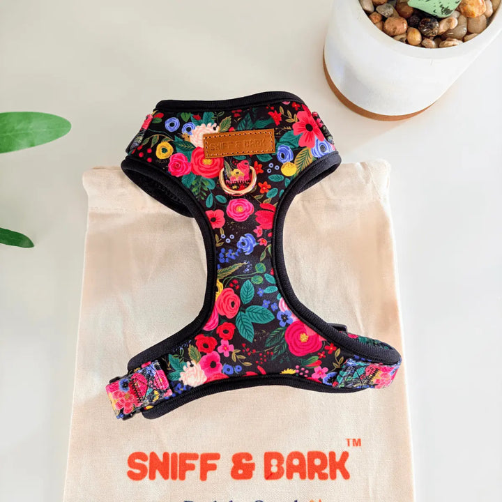 Midnight Floral No Pull Harness – Adjustable Bliss (D Ring) – Sniff & Bark dog accessory