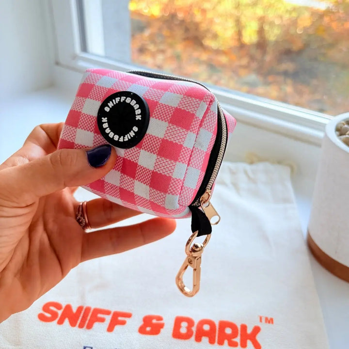 Pink Gingham GlamGo – Poop Bag Case – Posh Exits – Sniff & Bark dog accessory
