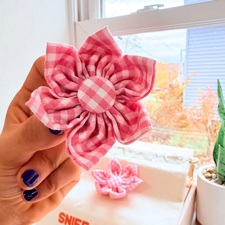 Pink Gingham Signature Bloomtie - Flower Tie – Sniff & Bark dog accessory