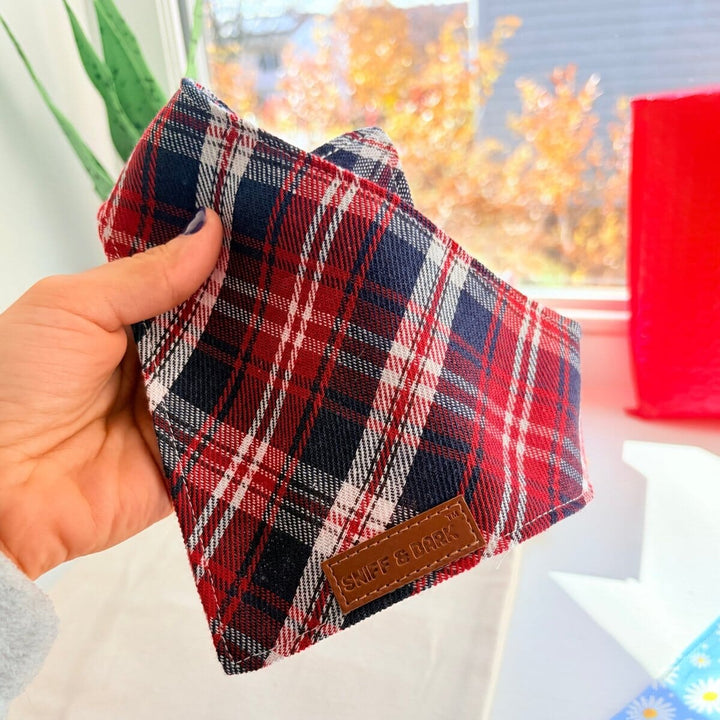 Crimson Navy Plaid Flairtie™ Bandana – 100% Cotton Bandana Sniff & Bark™