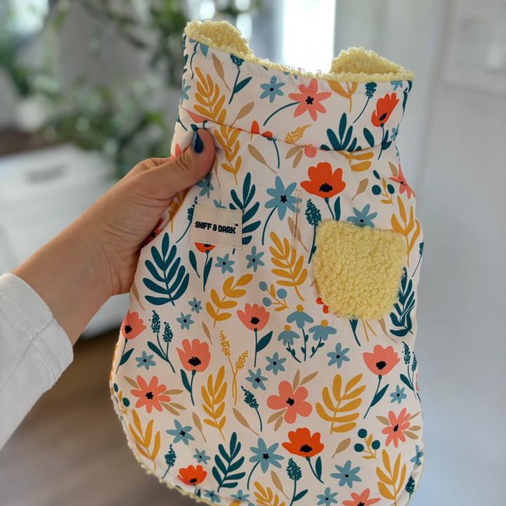 Light Yellow Floral Reversible Cozy Fleece Vest™ Cozy Fleece Sniff & Bark™